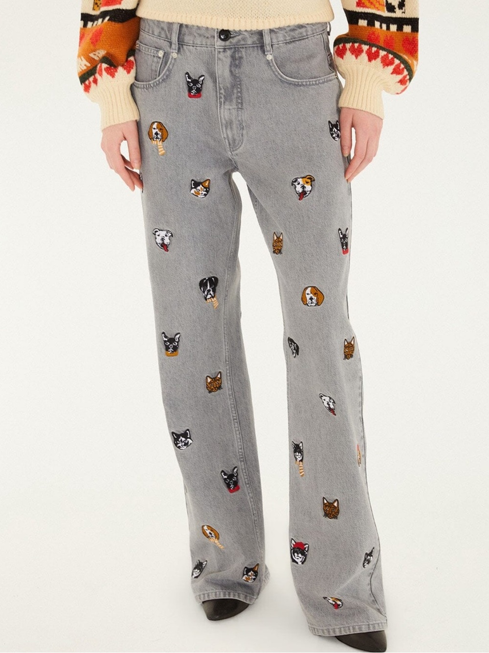 Farm Rio 
Multicolor Cats And Dogs Embroidery Denim Pants